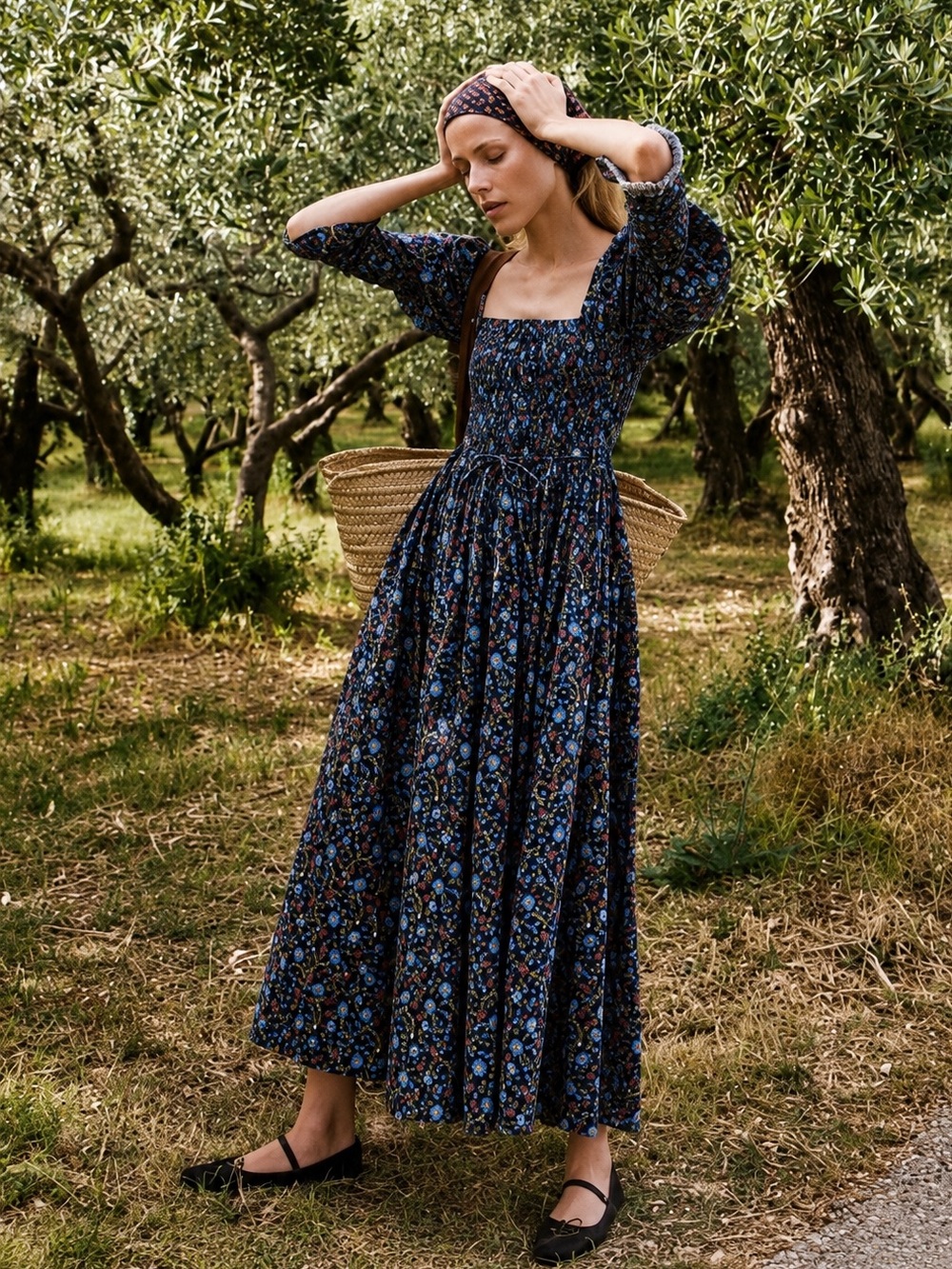 Doen Bijou Smocked Floral Cotton Midi-Dress